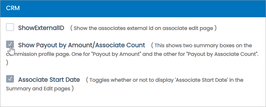 Show Payout by Amount/Associate Count checkbox